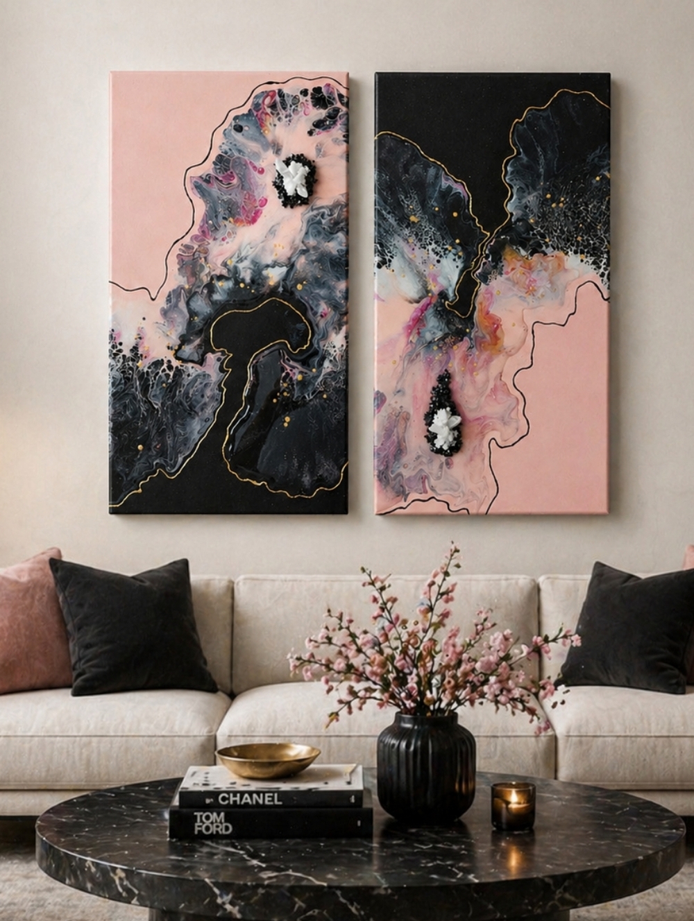 Pair of Pink & Black Abstract Geode Canvas Panels